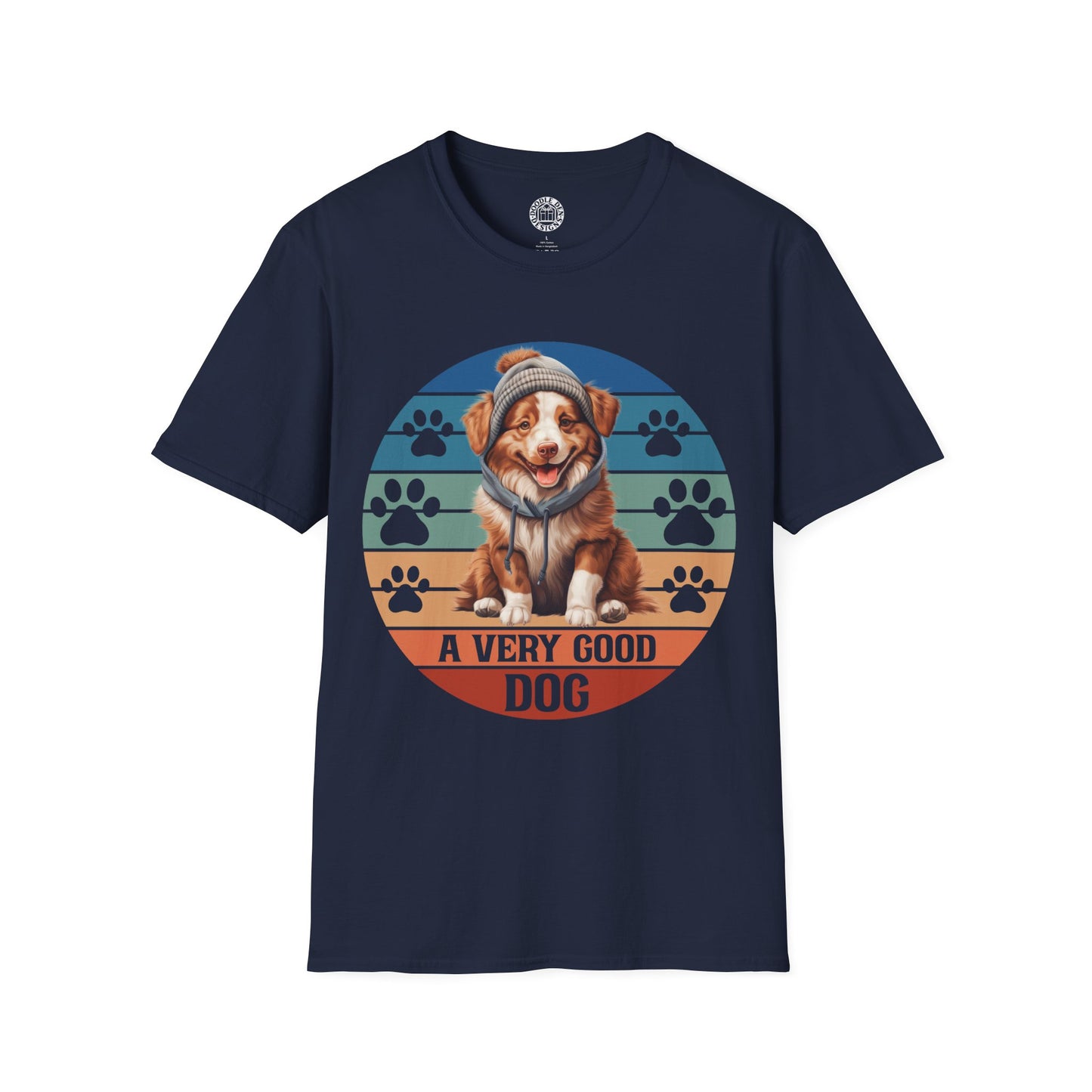 Navy blue t-shirt with a Australian Shepherd dog graphic and 'A Very Good Dog' text on a white background