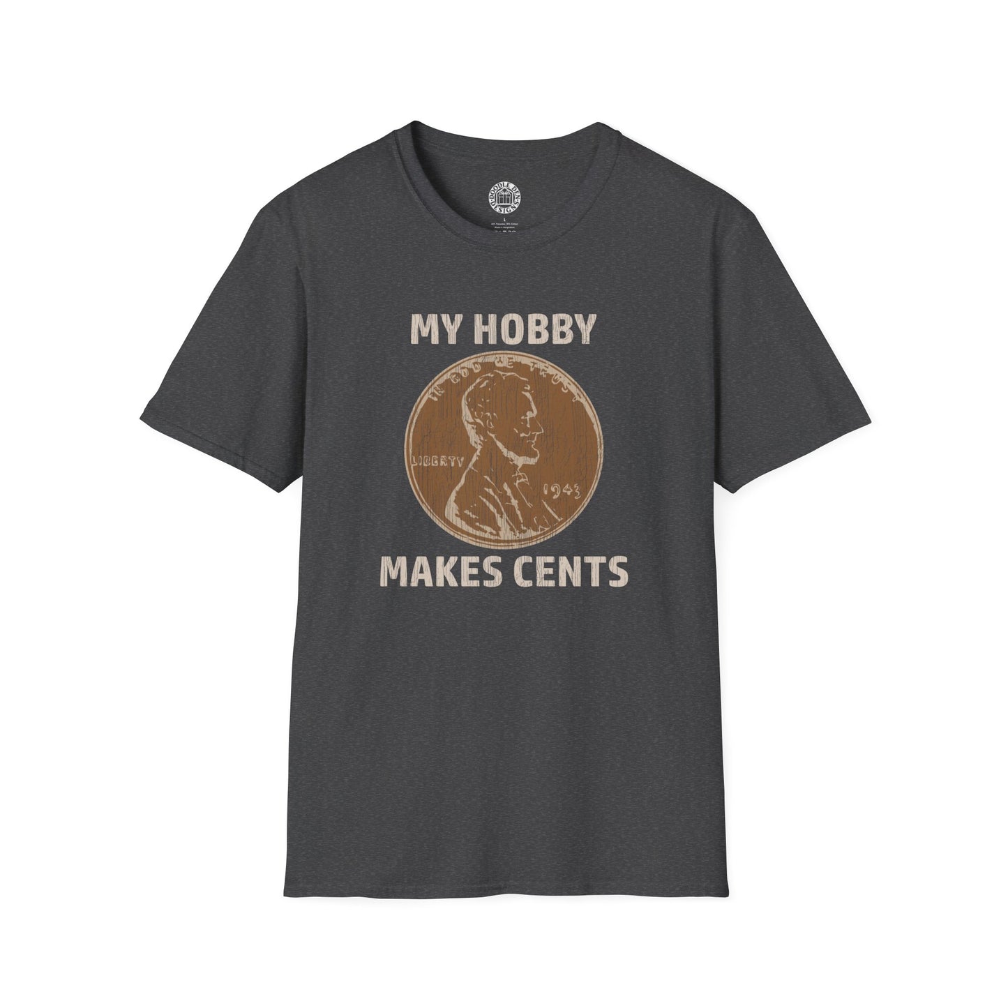 Gray t-shirt with a penny graphic and text on a white background for coin collectors