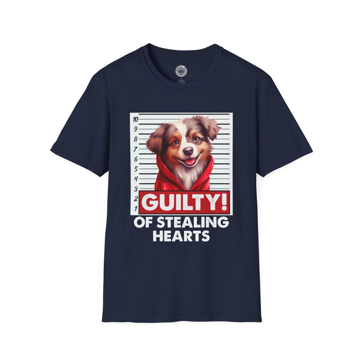 Navy blue t-shirt with a Australian Shepherd dog graphic and text 'Guilty! Of Stealing Hearts' on a white background