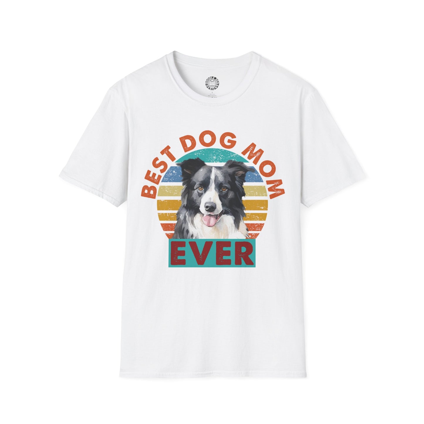 White t-shirt with a border collie dog graphic and 'Best Dog Mom Ever' text on a white background
