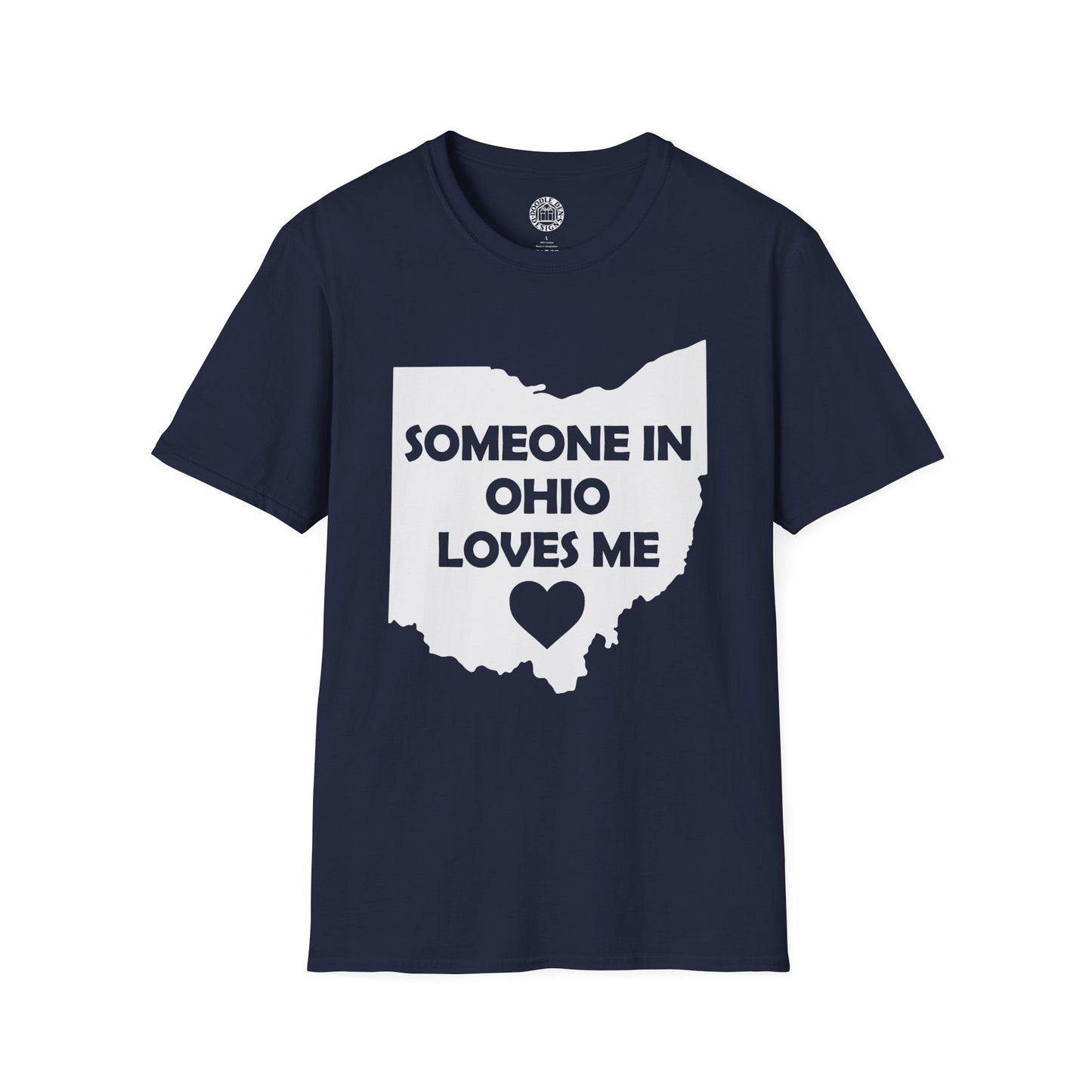 Navy blue t-shirt with 'Someone in Ohio loves me' graphic on a white background