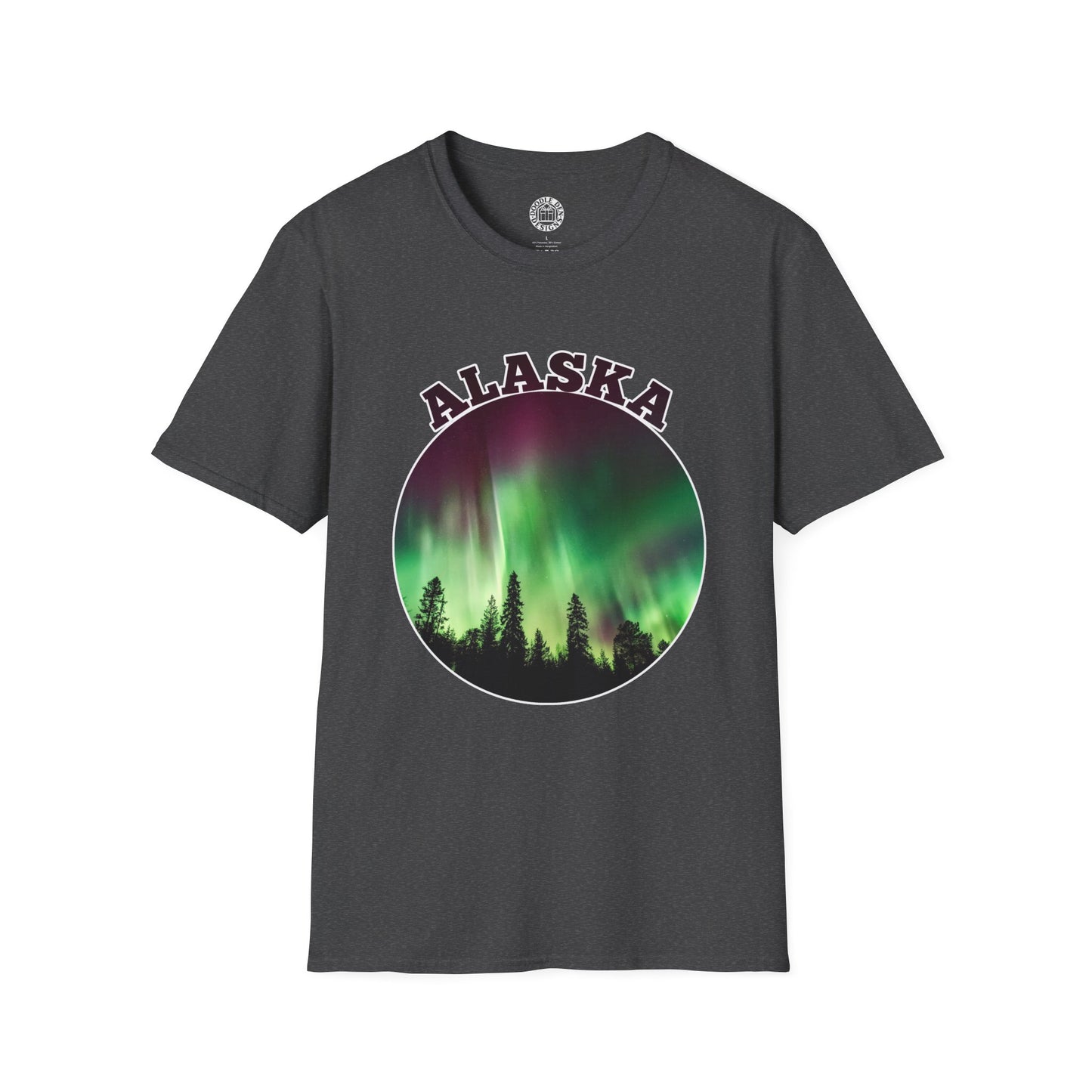 Gray t-shirt with 'Alaska' and Northern Lights design on a white background
