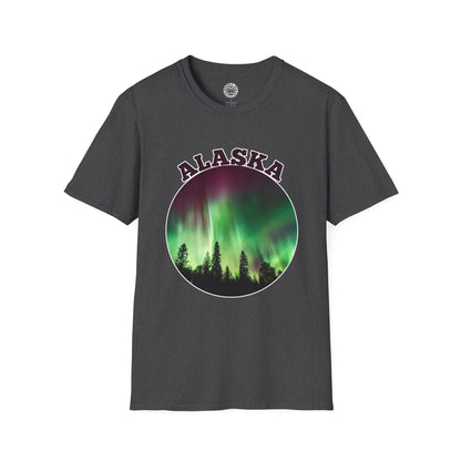 Gray t-shirt with 'Alaska' and Northern Lights design on a white background