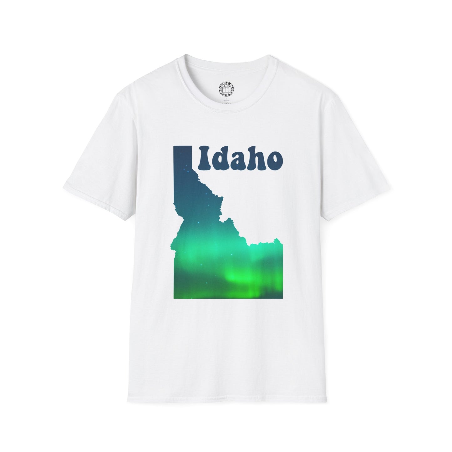 White t-shirt with Idaho map design featuring a green and blue gradient on a white background northern lights aurora borealis