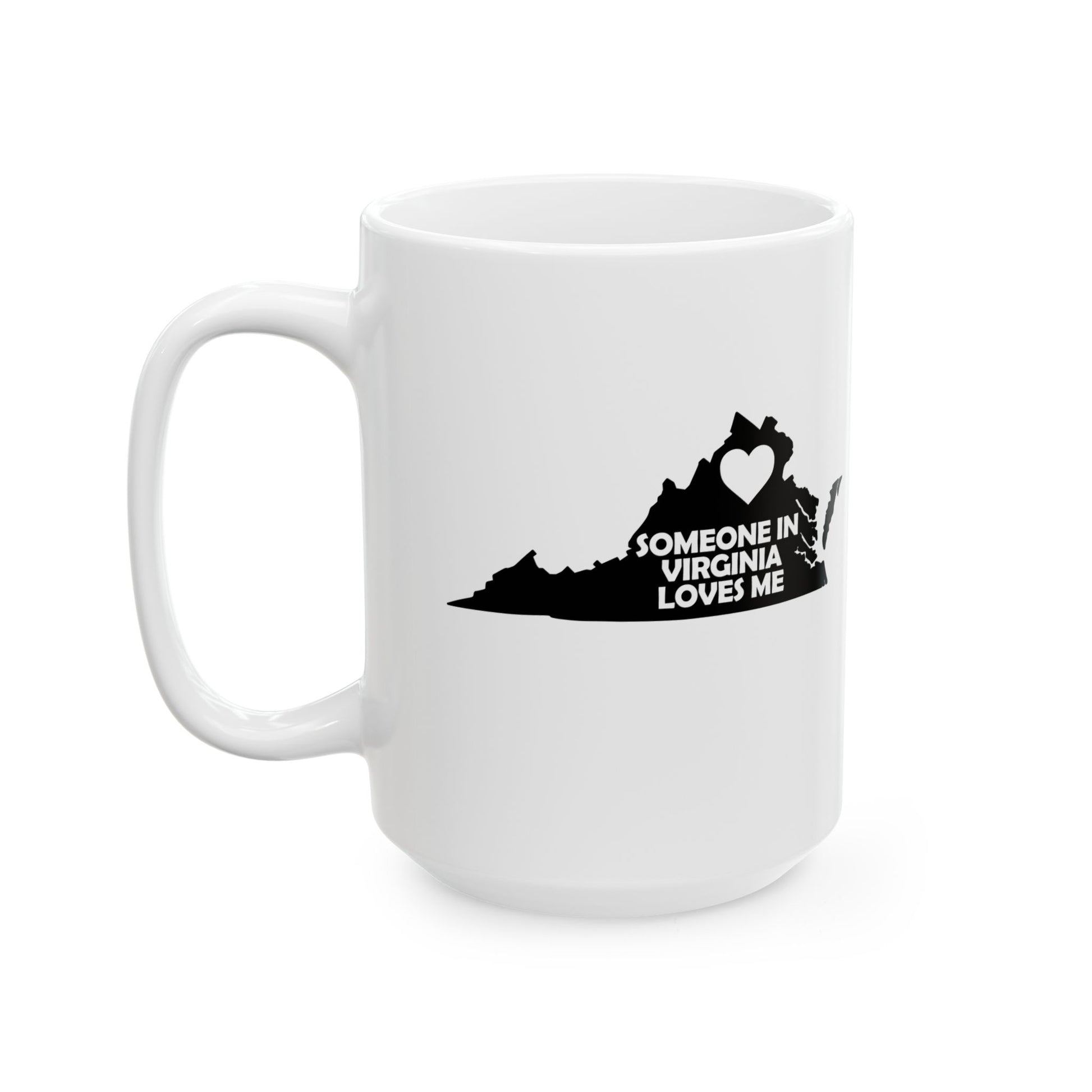 White mug with black text 'Someone in Virginia loves me' on a white background