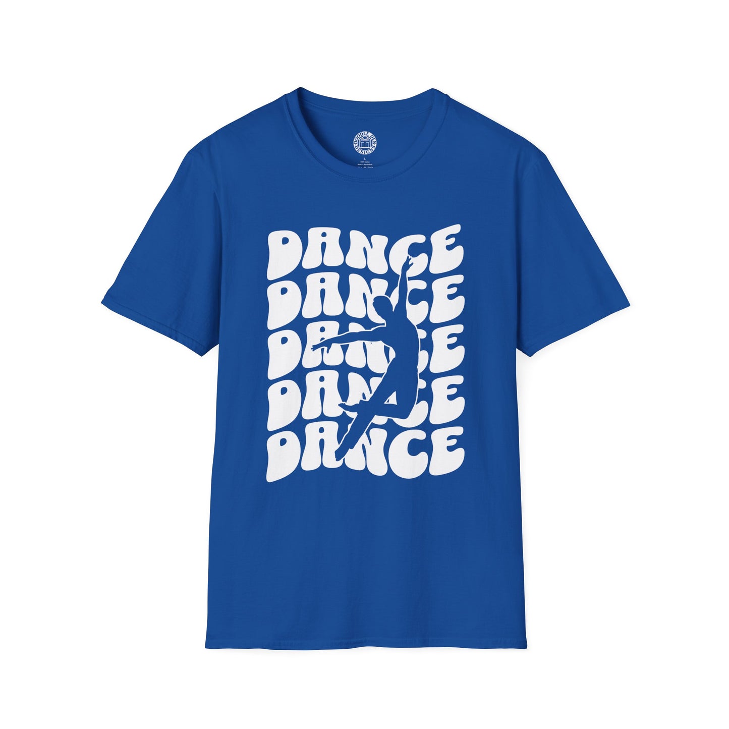 Blue t-shirt with white 'DANCE' text and dancer graphic on a white background