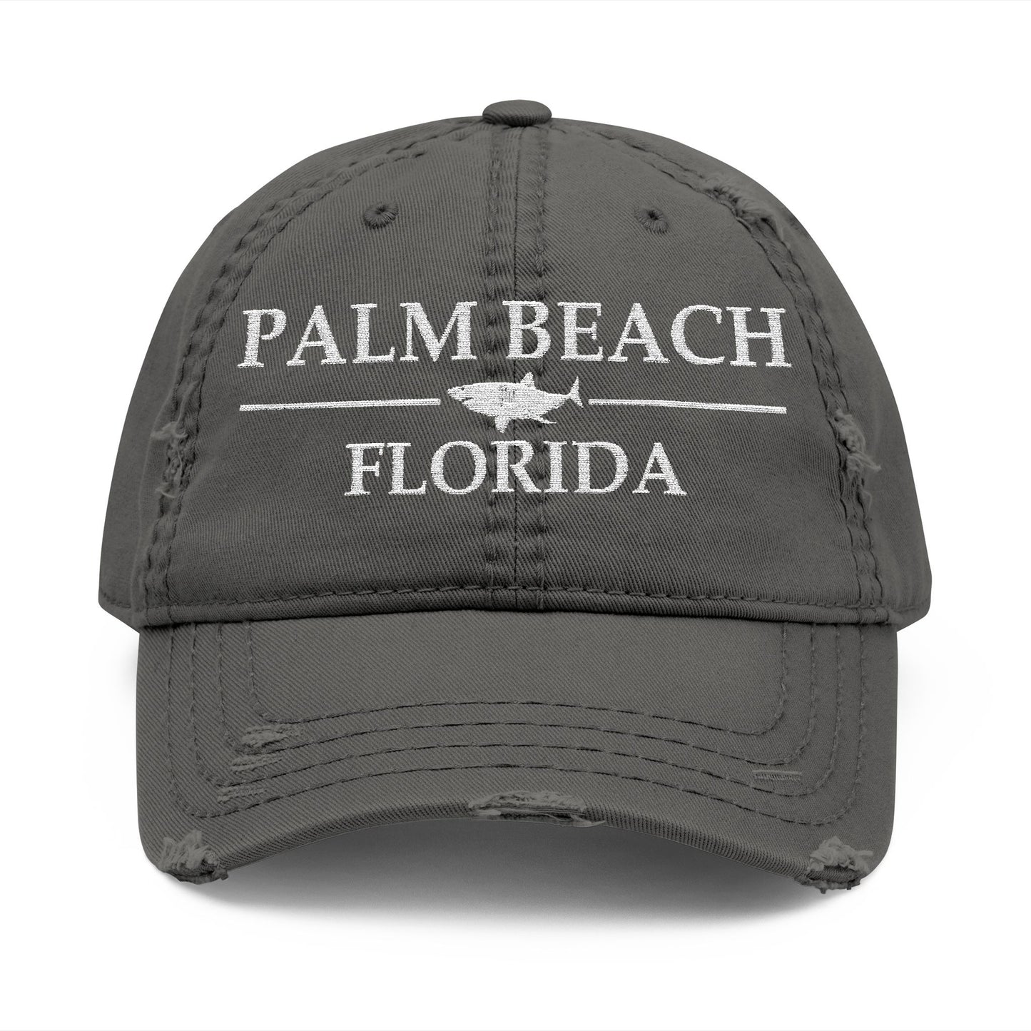 Gray cap with 'Palm Beach Florida' text and shark graphic  embroidered in white thread