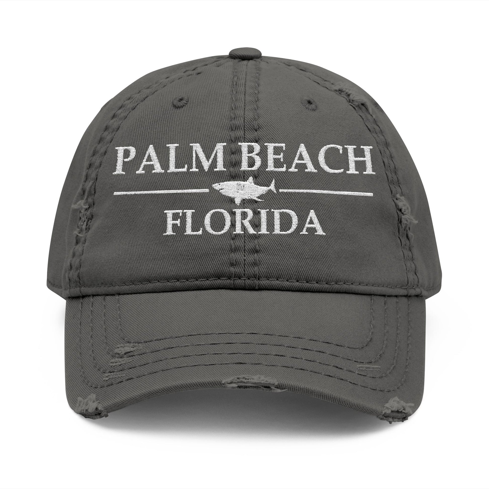 Gray cap with 'Palm Beach Florida' text and shark graphic  embroidered in white thread