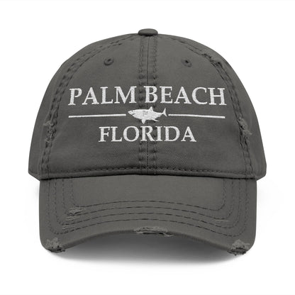 Gray cap with 'Palm Beach Florida' text and shark graphic  embroidered in white thread