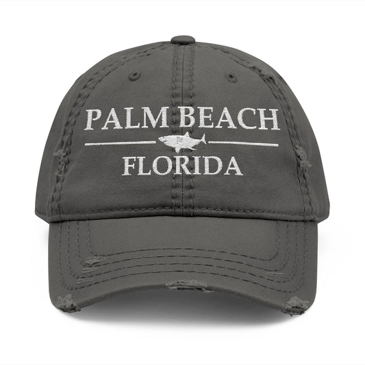 Gray cap with 'Palm Beach Florida' text and shark graphic  embroidered in white thread