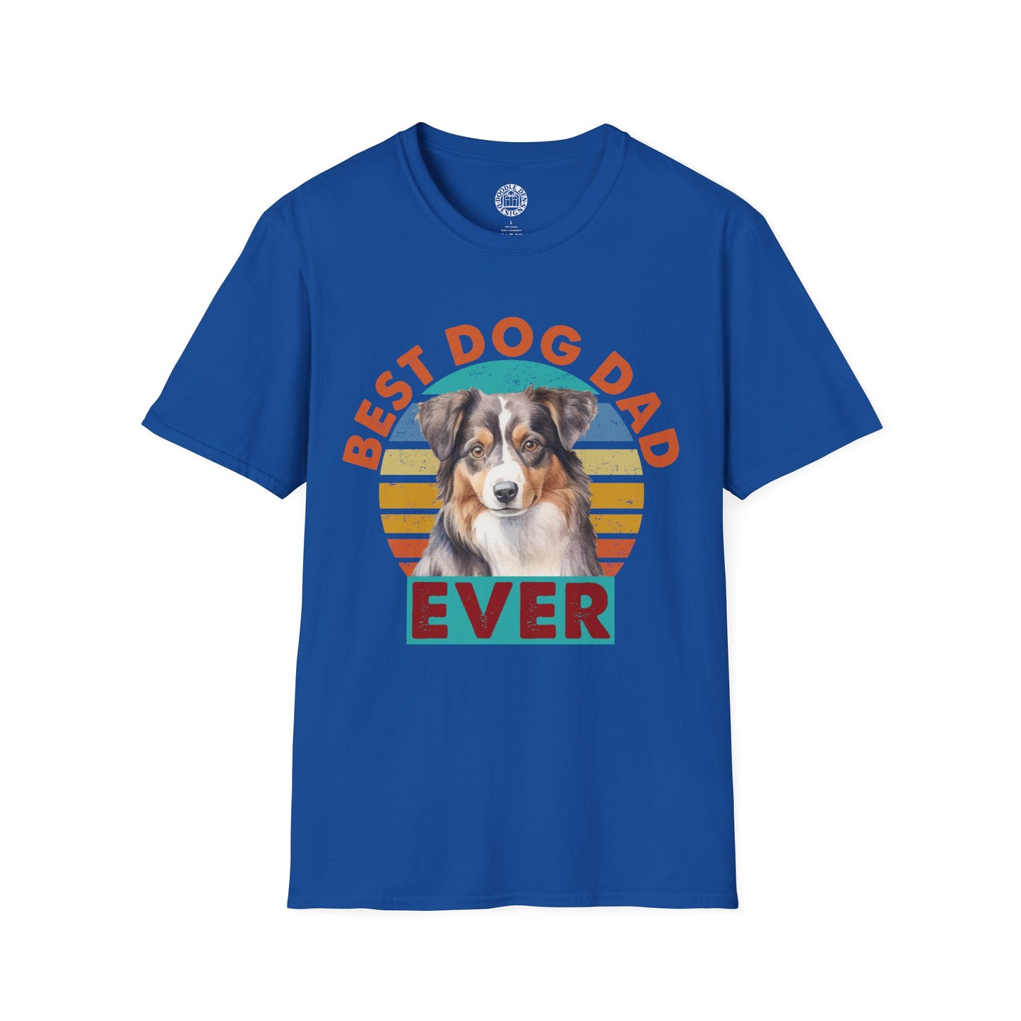Blue t-shirt with a Australian Shepherd dog graphic and 'Best Dog Dad Ever' text on a white background