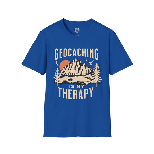 Blue t-shirt with 'Geocaching is my Therapy' graphic design on a white background