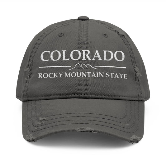 Gray cap with 'Colorado Rocky Mountain State' text  embroidered in white thread