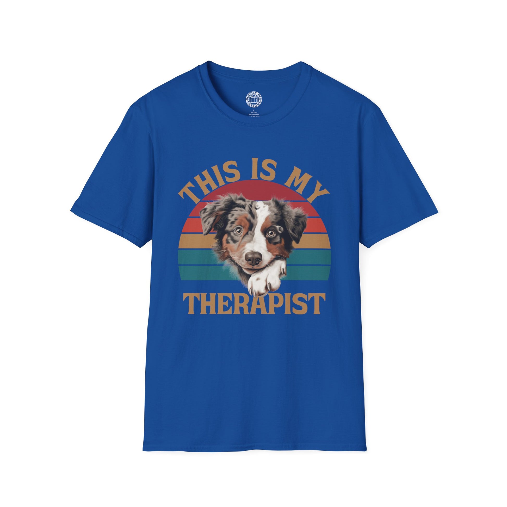 Blue t-shirt with a Australian Shepherd dog graphic and 'This is my therapist' text on a white background