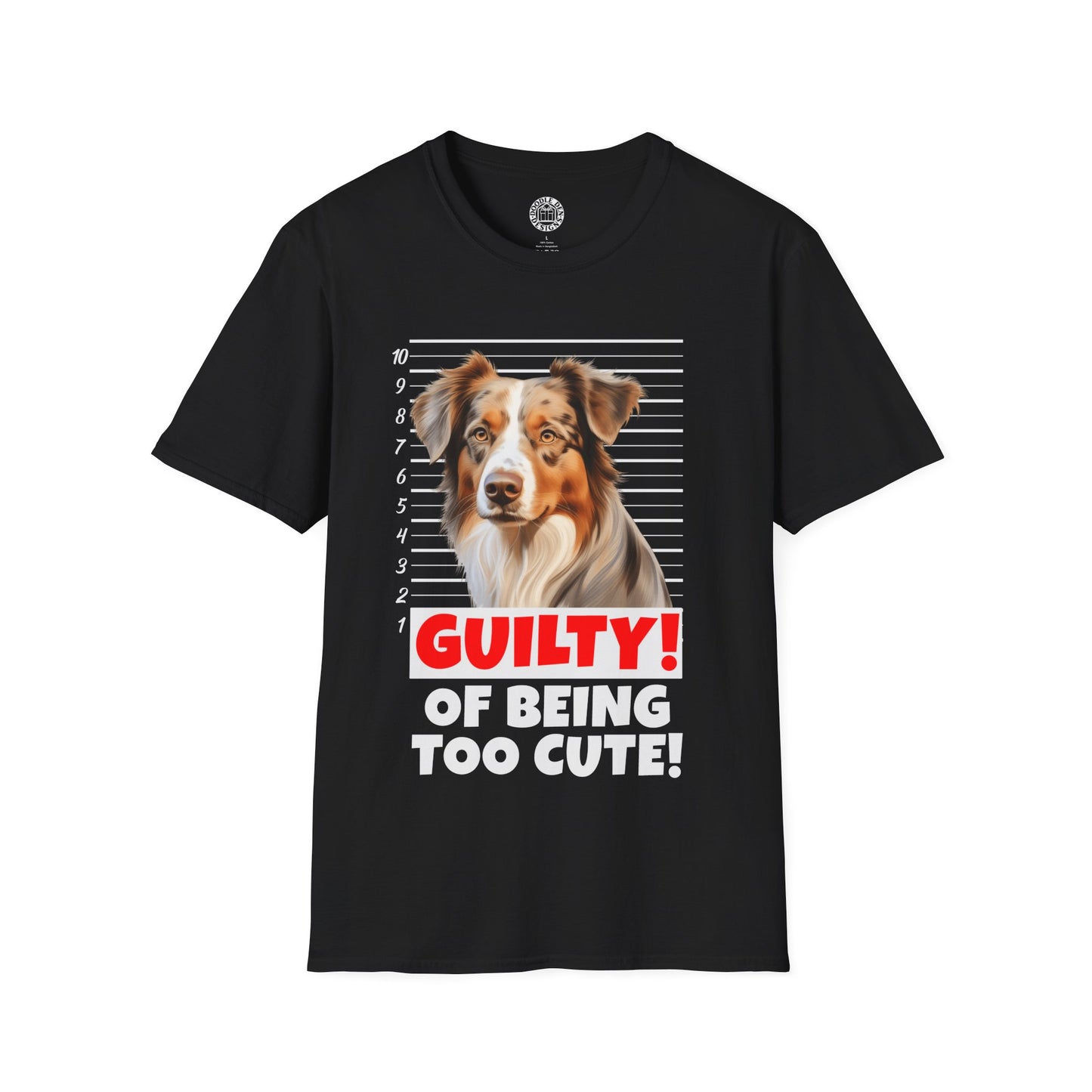 Black t-shirt with a Australian Shepherd dog graphic and text 'Guilty of Being Too Cute' on a white background