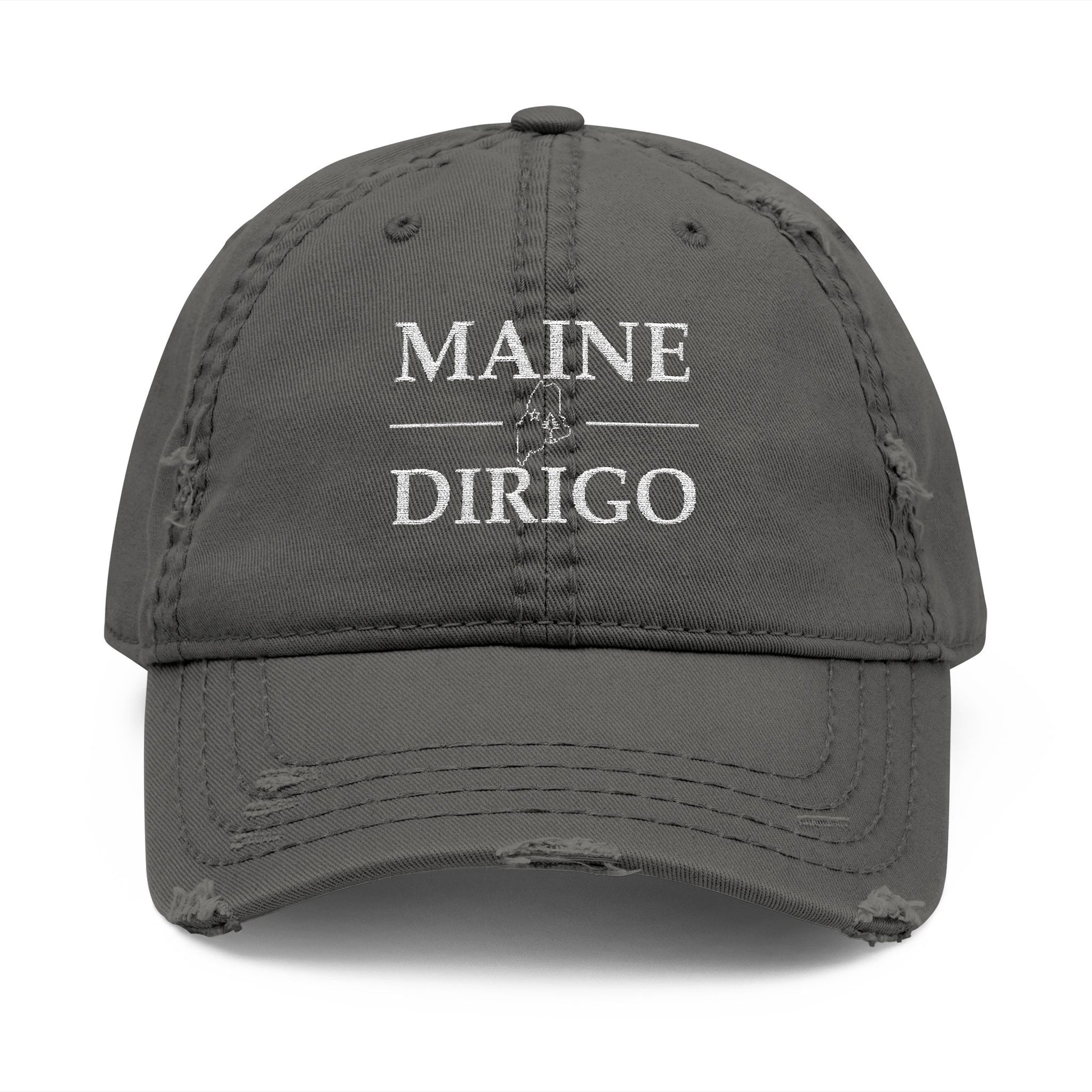 Gray cap with 'MAINE DIRIGO' text  embroidered in white thread