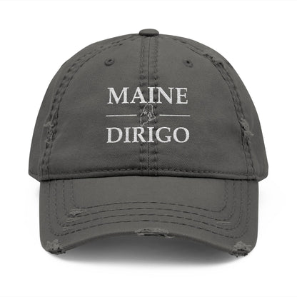 Gray cap with 'MAINE DIRIGO' text  embroidered in white thread