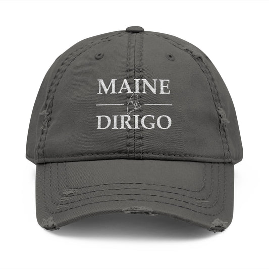 Gray cap with 'MAINE DIRIGO' text  embroidered in white thread