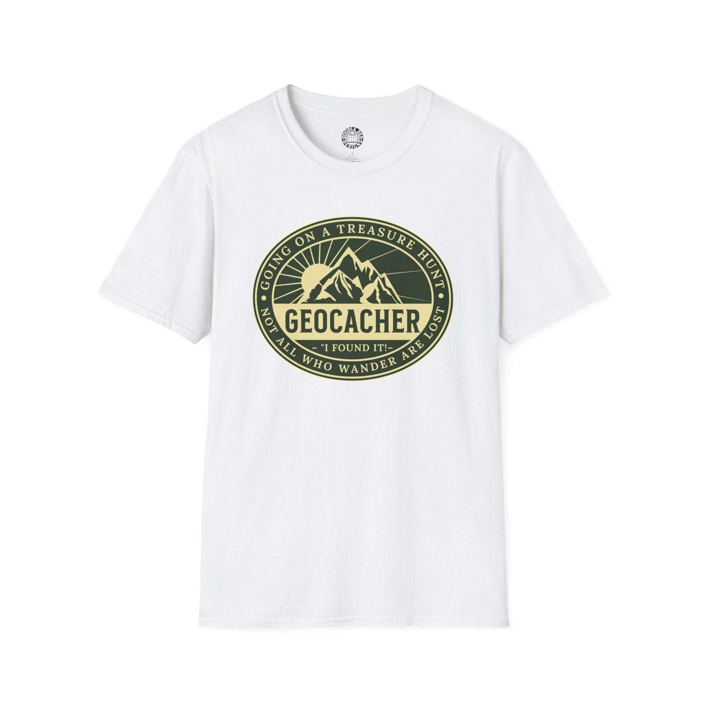 White t-shirt with a green 'Geocacher' logo on a white background