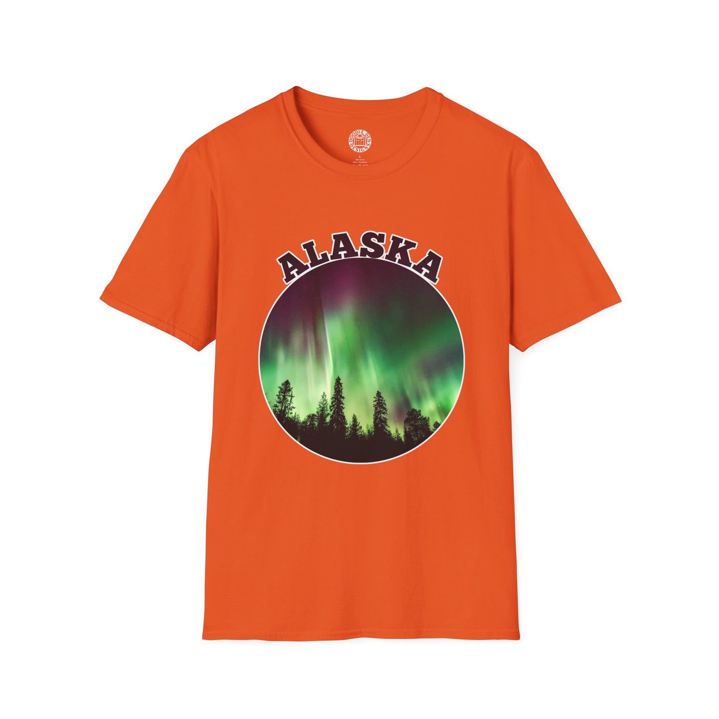 Orange t-shirt with 'Alaska' and Northern Lights design on a white background