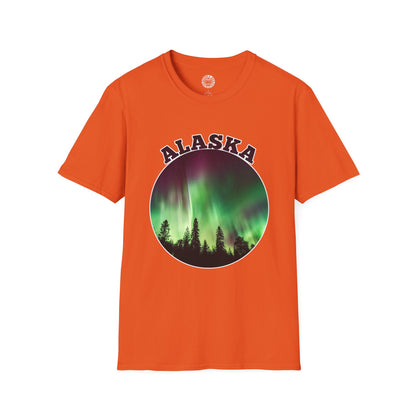 Orange t-shirt with 'Alaska' and Northern Lights design on a white background