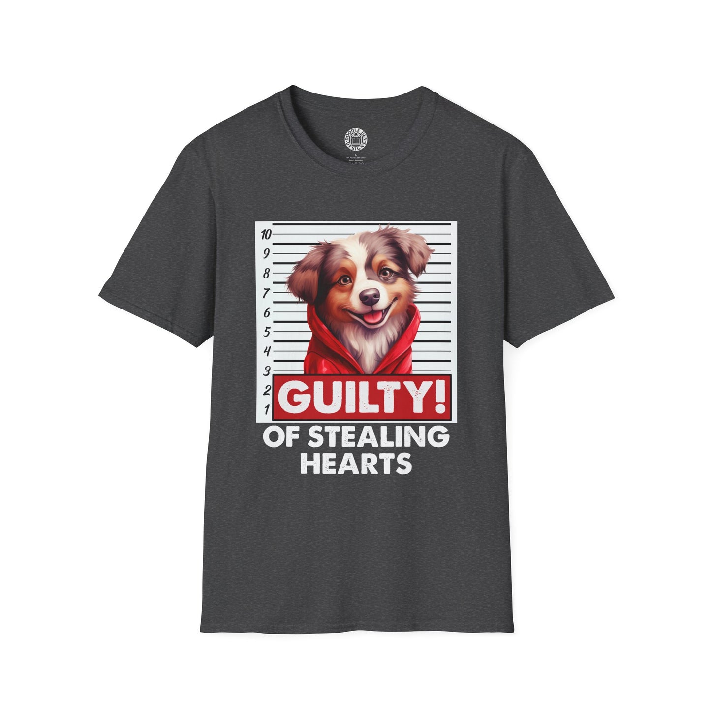 Black t-shirt with a Australian Shepherd dog graphic and text 'Guilty of Stealing Hearts' on a white background