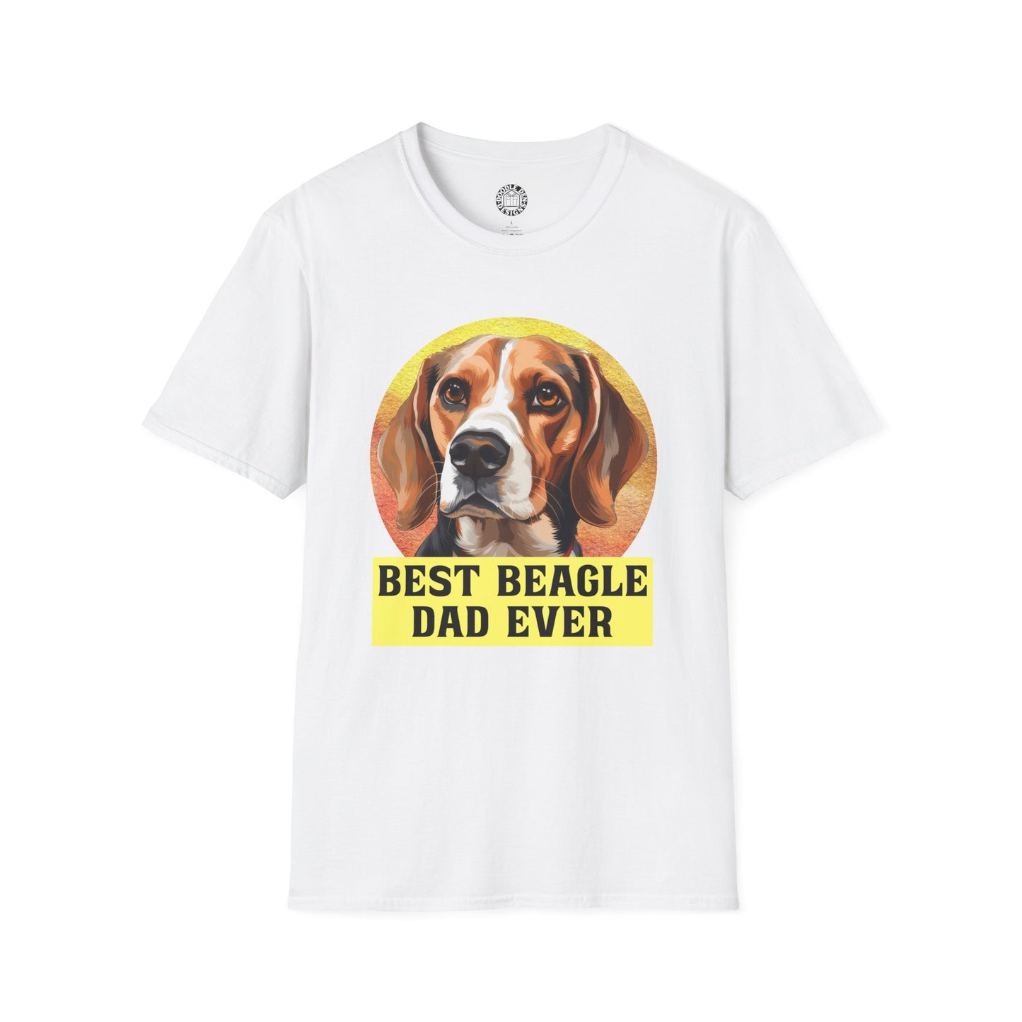 White t-shirt with a beagle graphic and text on a white background