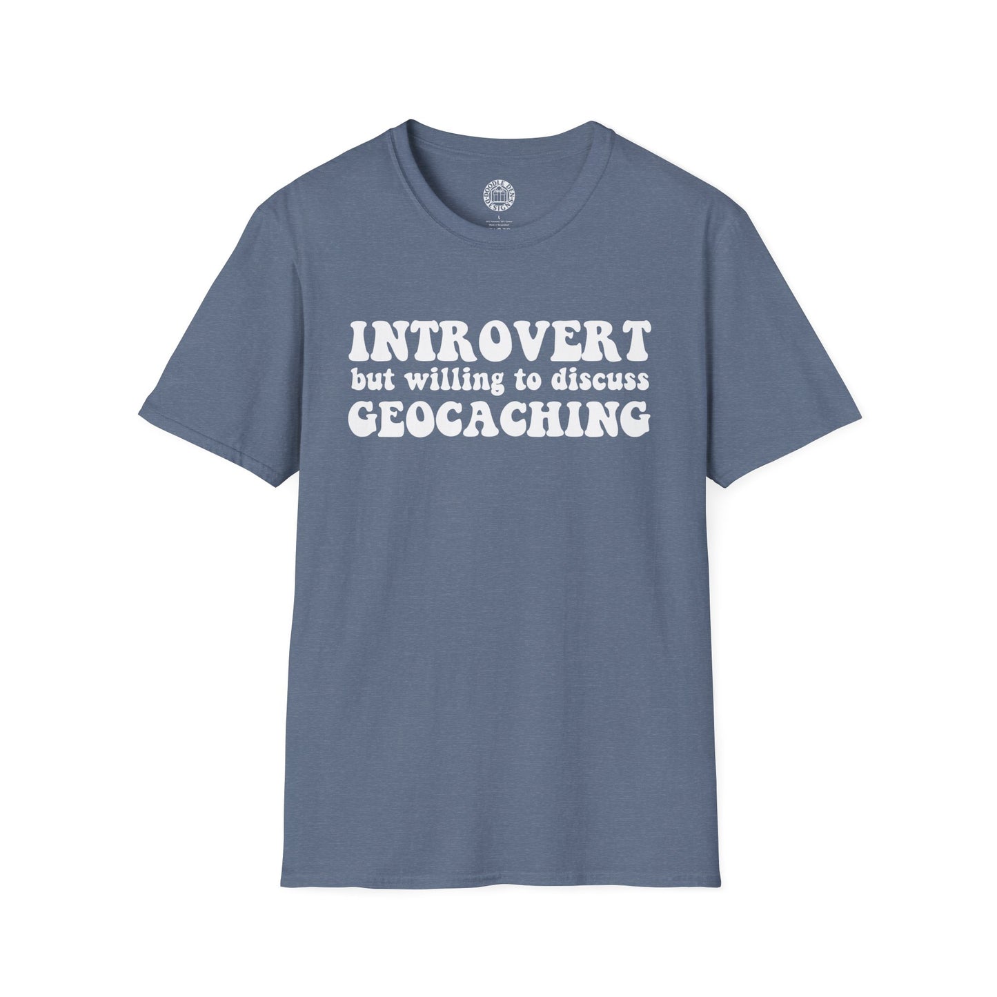 Blue t-shirt with white text 'Introvert but willing to discuss Geocaching' on a white background