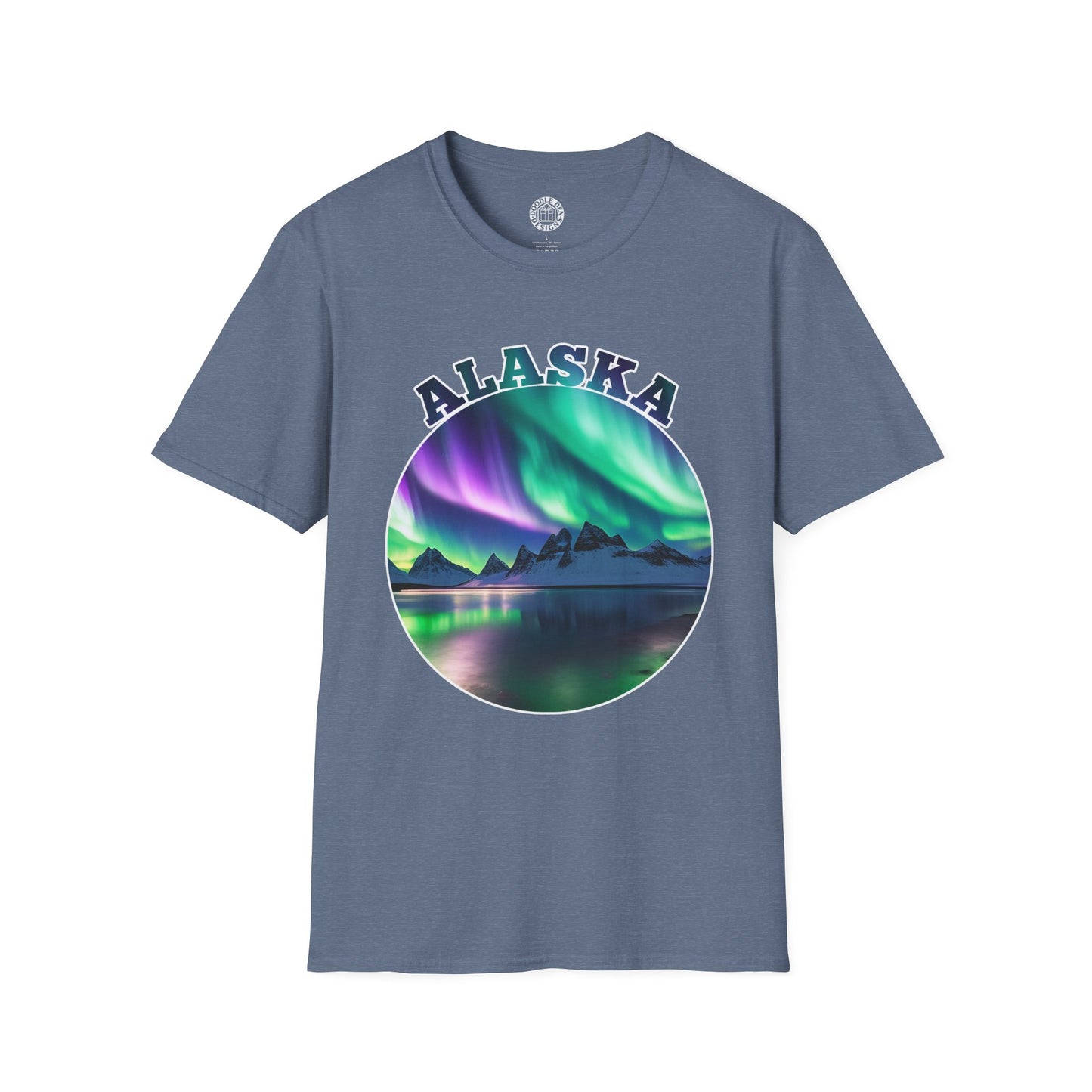 Blue t-shirt with Alaska graphic design featuring Northern Lights over a lake on a white background