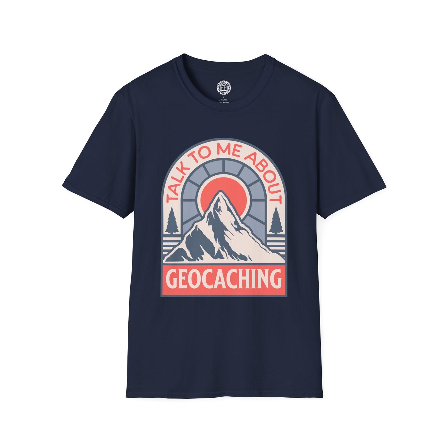 Navy blue t-shirt with a mountain graphic and text 'Talk to me about geocaching' on a white background