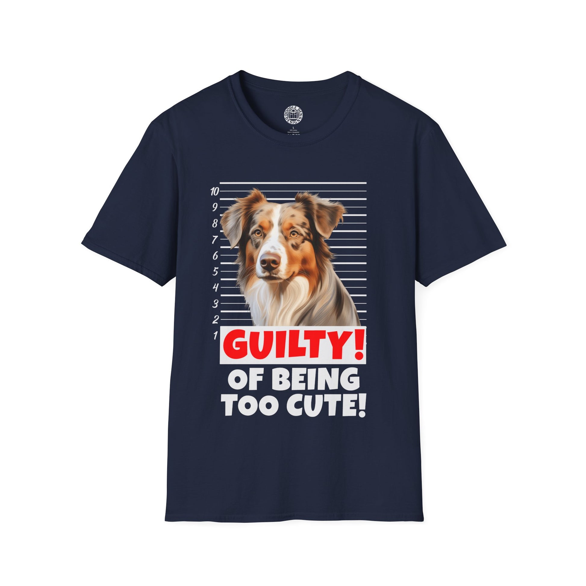 Navy blue t-shirt with a Australian Shepherd dog graphic and text 'Guilty of being too cute!' on a white background