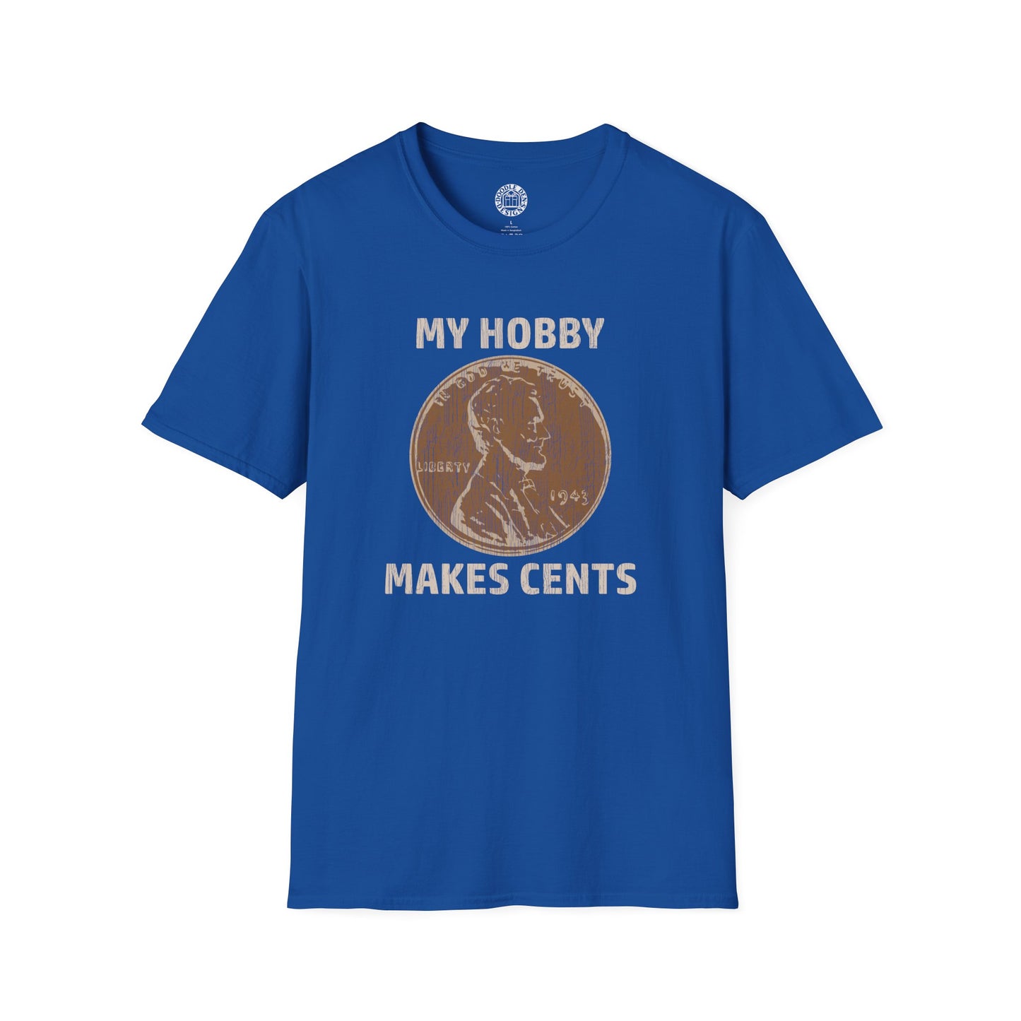 Blue t-shirt with a coin graphic and text on a white background for coin collectors