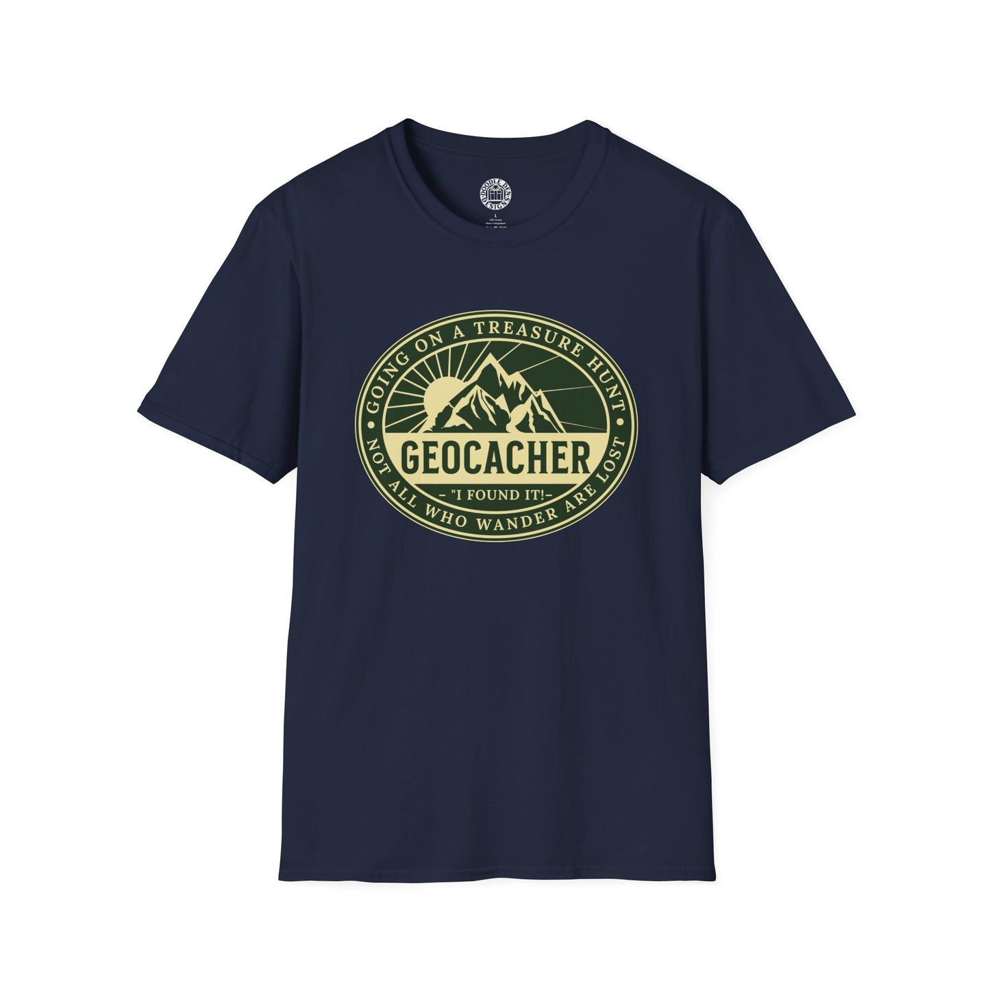 Navy blue t-shirt with a geocaching graphic and text on a white background