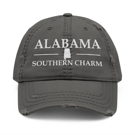 Gray cap with 'Alabama Southern Charm' text  embroidered in white thread