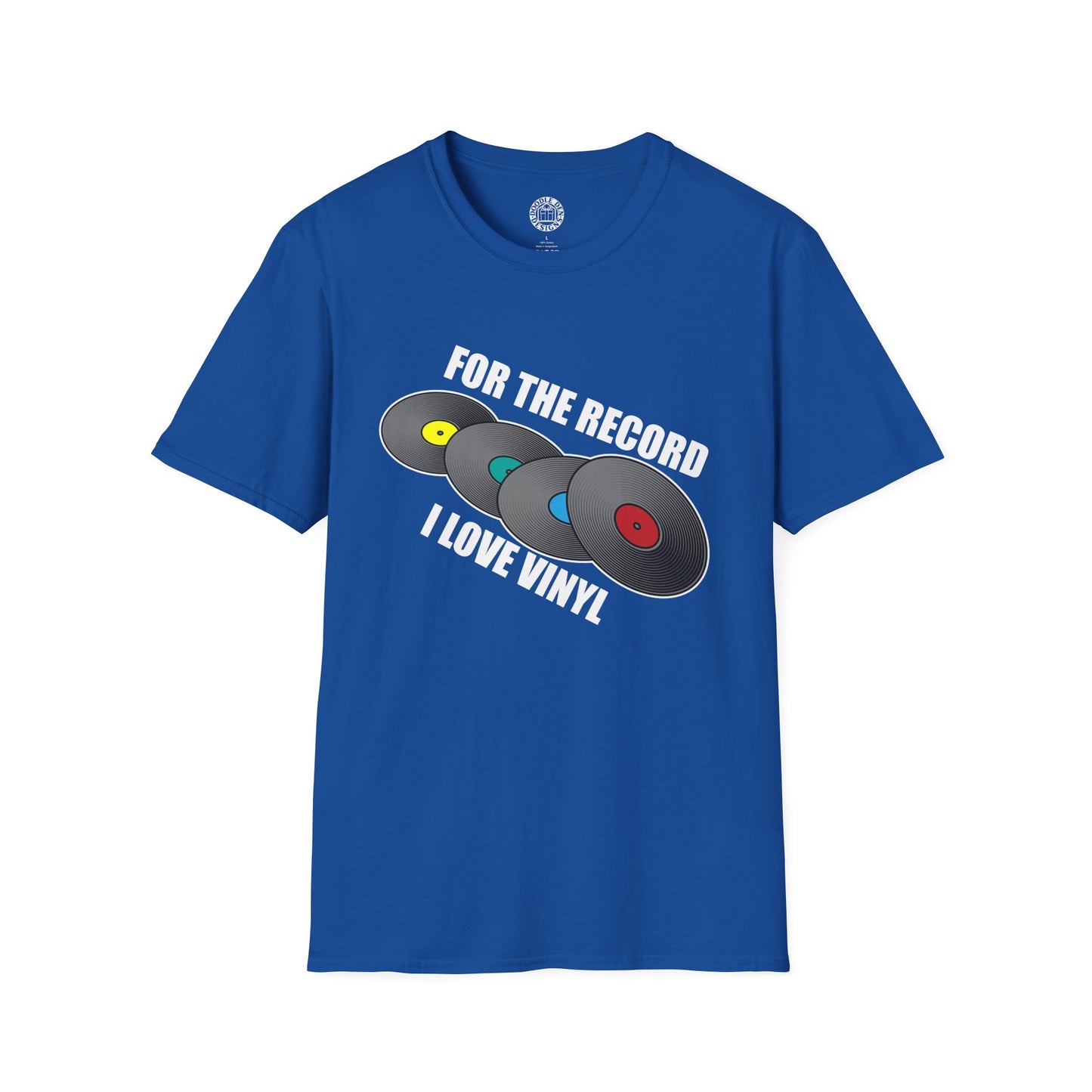 Blue t-shirt with vinyl record design and text on a white background