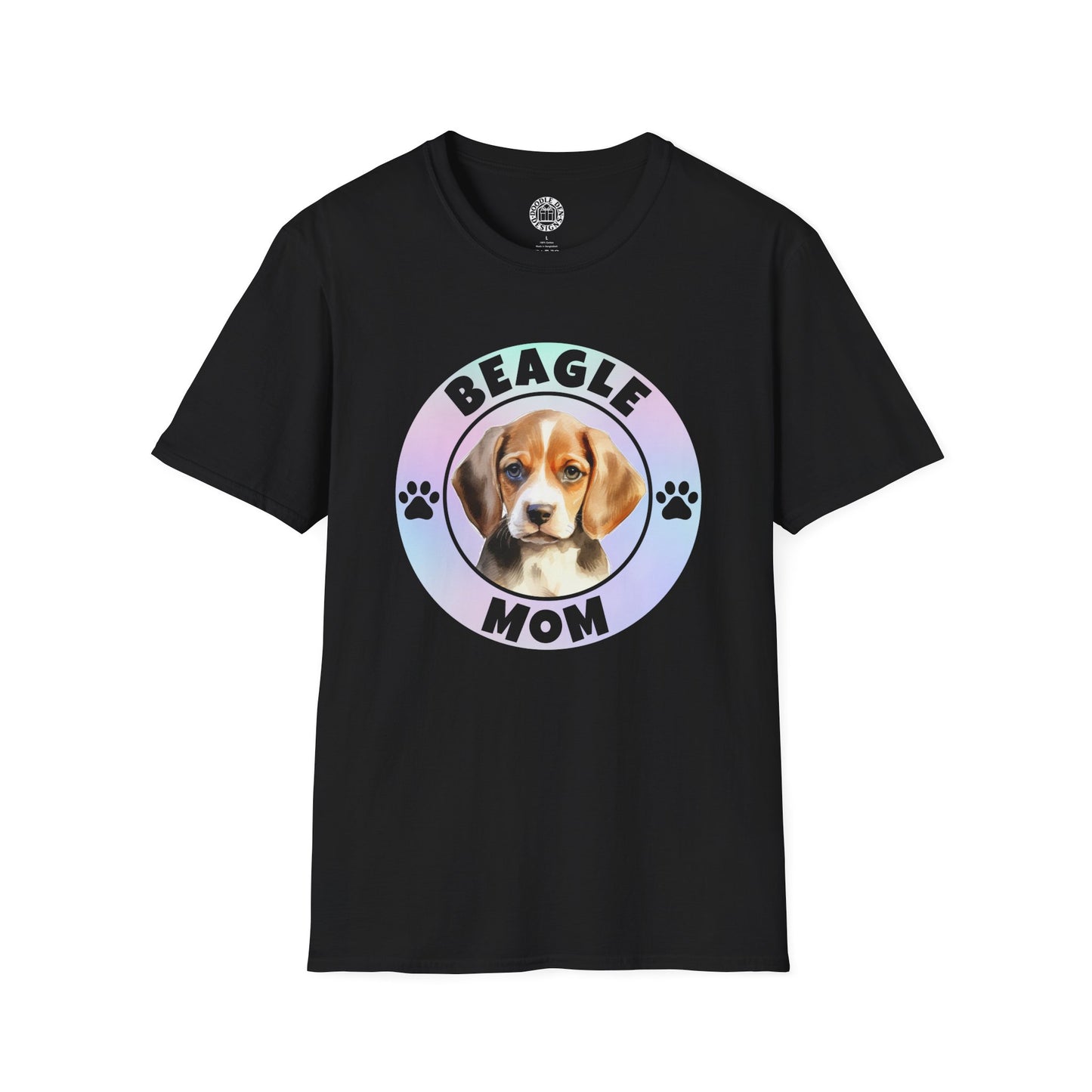Black t-shirt with a beagle graphic and 'Beagle Mom' text on a white background