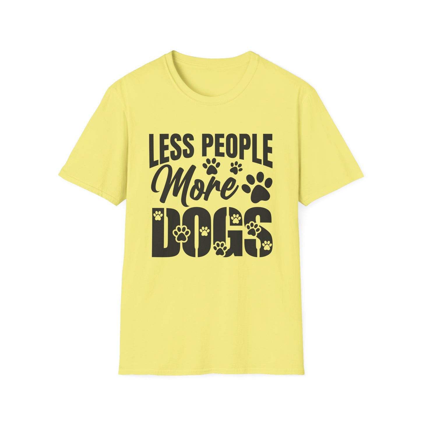 Yellow t-shirt with 'LESS PEOPLE MORE DOGS' text and paw prints on a white background