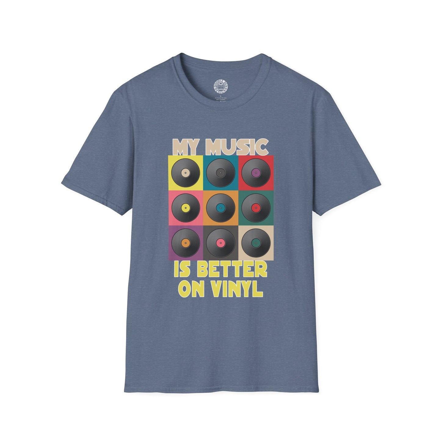 Blue t-shirt with vinyl record design and text on a white background