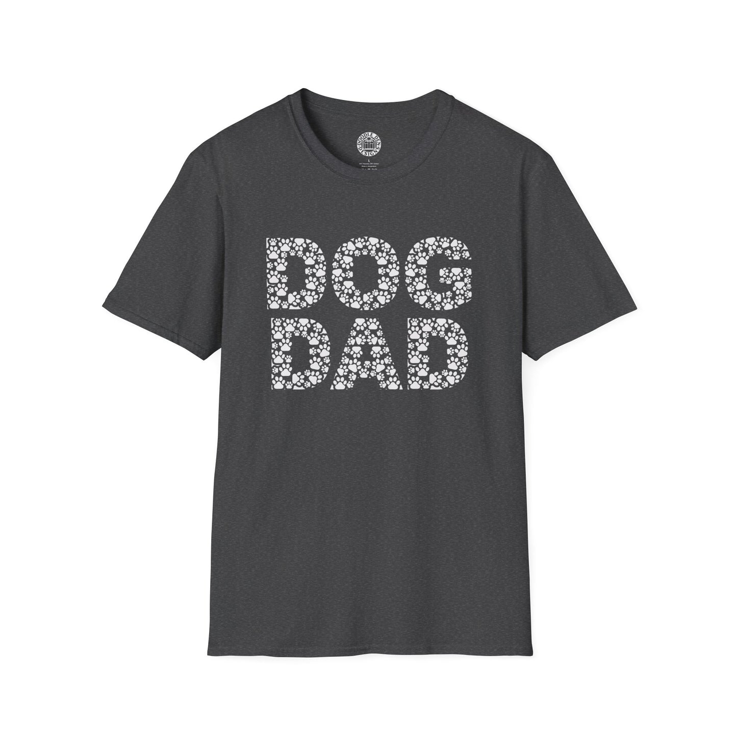 Gray t-shirt with 'DOG DAD' text on a white background