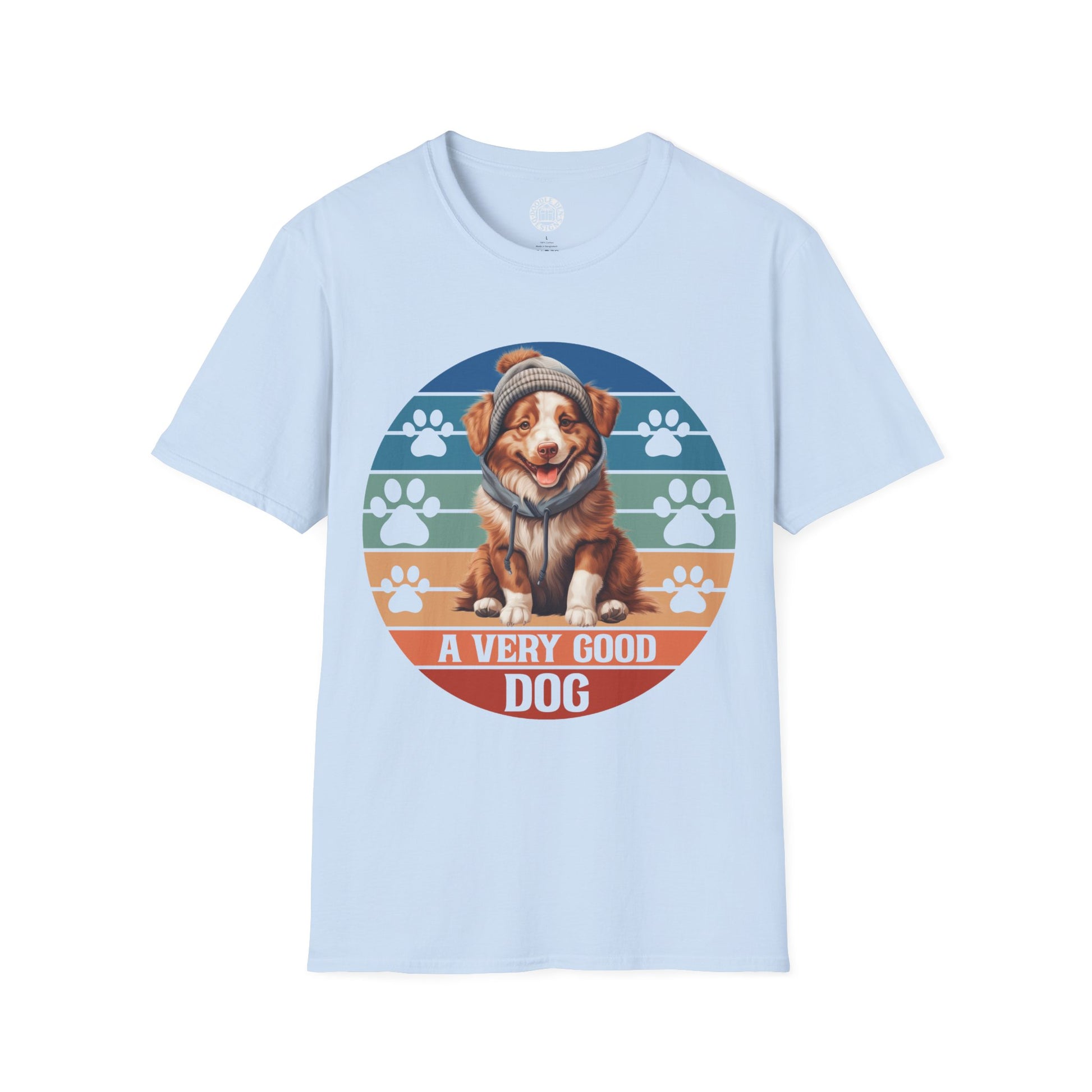 Light blue t-shirt with a Australian Shepherd dog graphic and 'A Very Good Dog' text on a white background