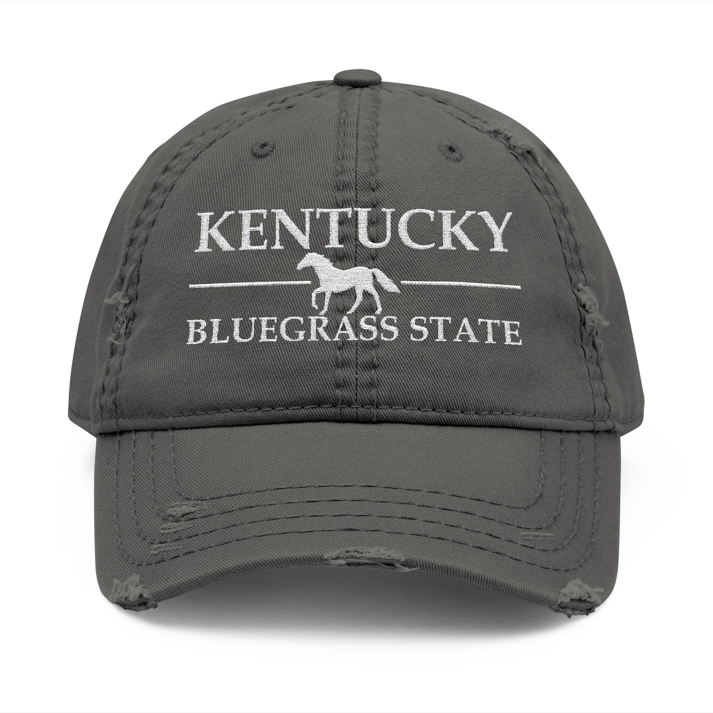 Gray cap with 'Kentucky Bluegrass State' text and horse graphic  embroidered in white thread