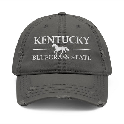 Gray cap with 'Kentucky Bluegrass State' text and horse graphic  embroidered in white thread
