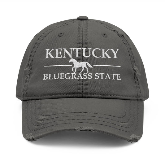Gray cap with 'Kentucky Bluegrass State' text and horse graphic  embroidered in white thread