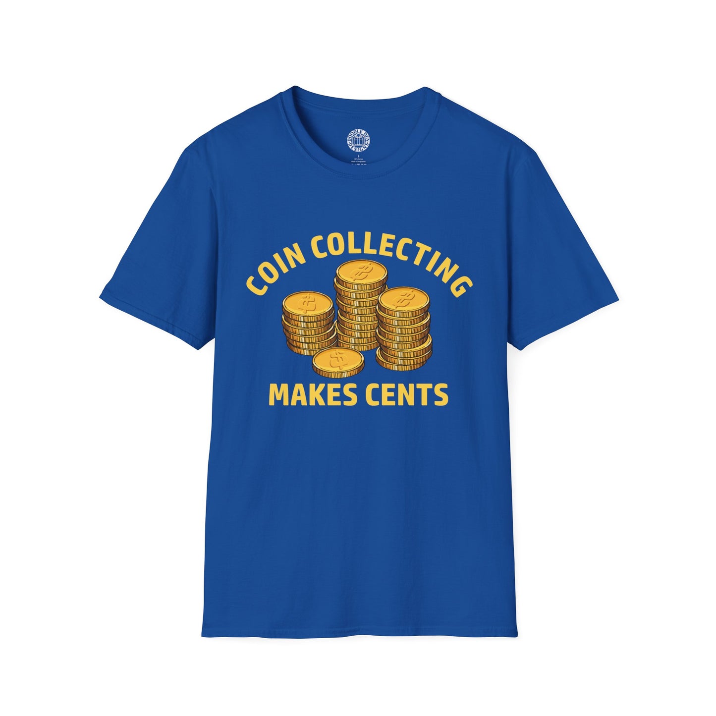 Blue t-shirt with gold coins and text on a white background for Numismatist coin collector