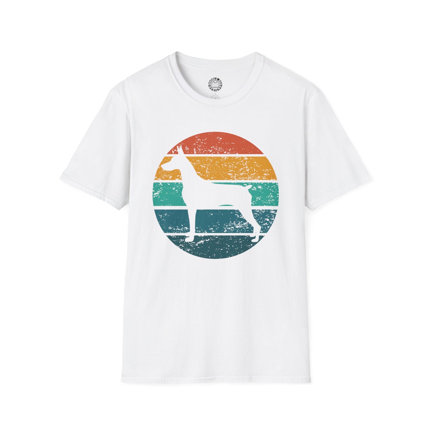 White t-shirt with a colorful graphic of a doberman pinscher dog on a white background