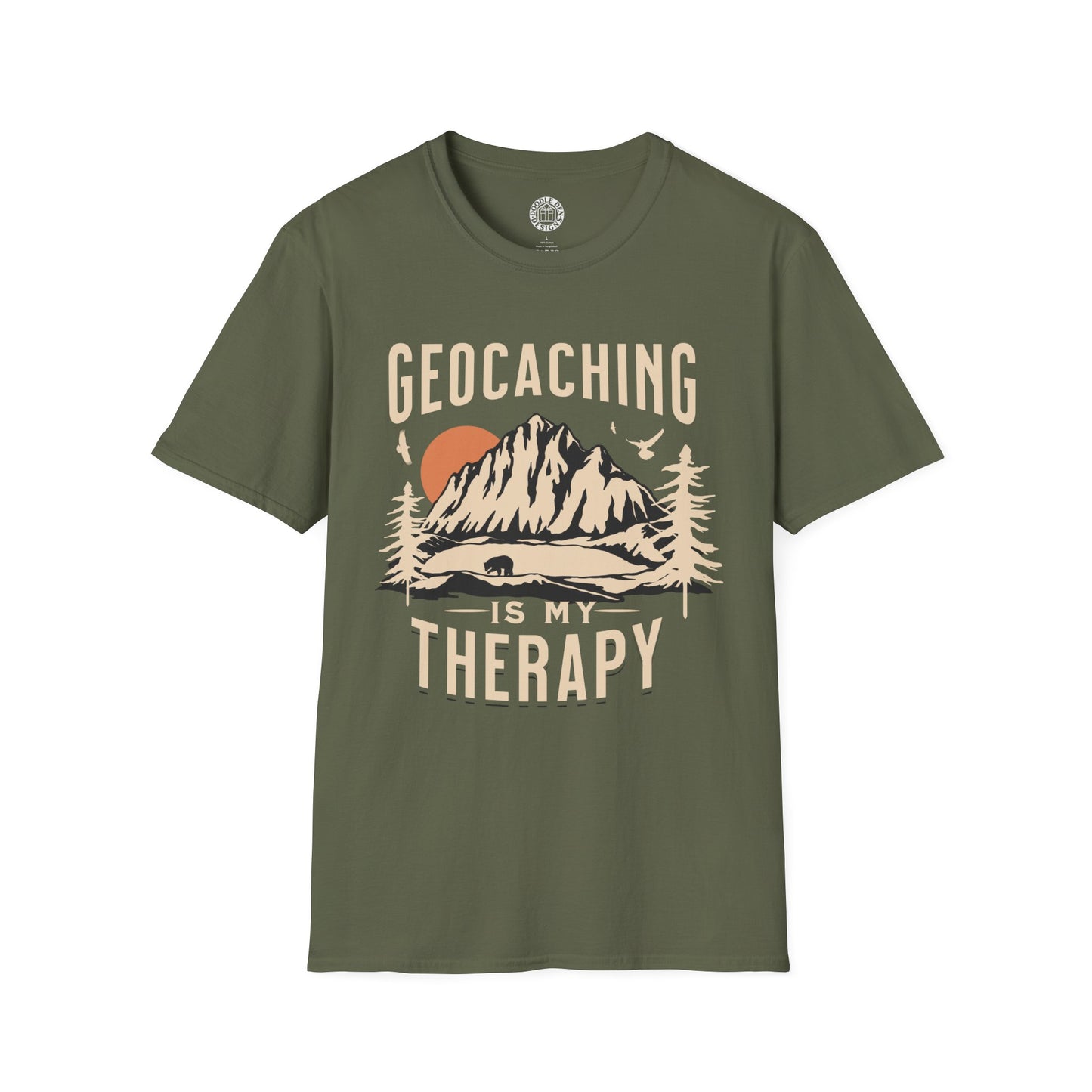 Green t-shirt with 'Geocaching is my Therapy' graphic design on a white background