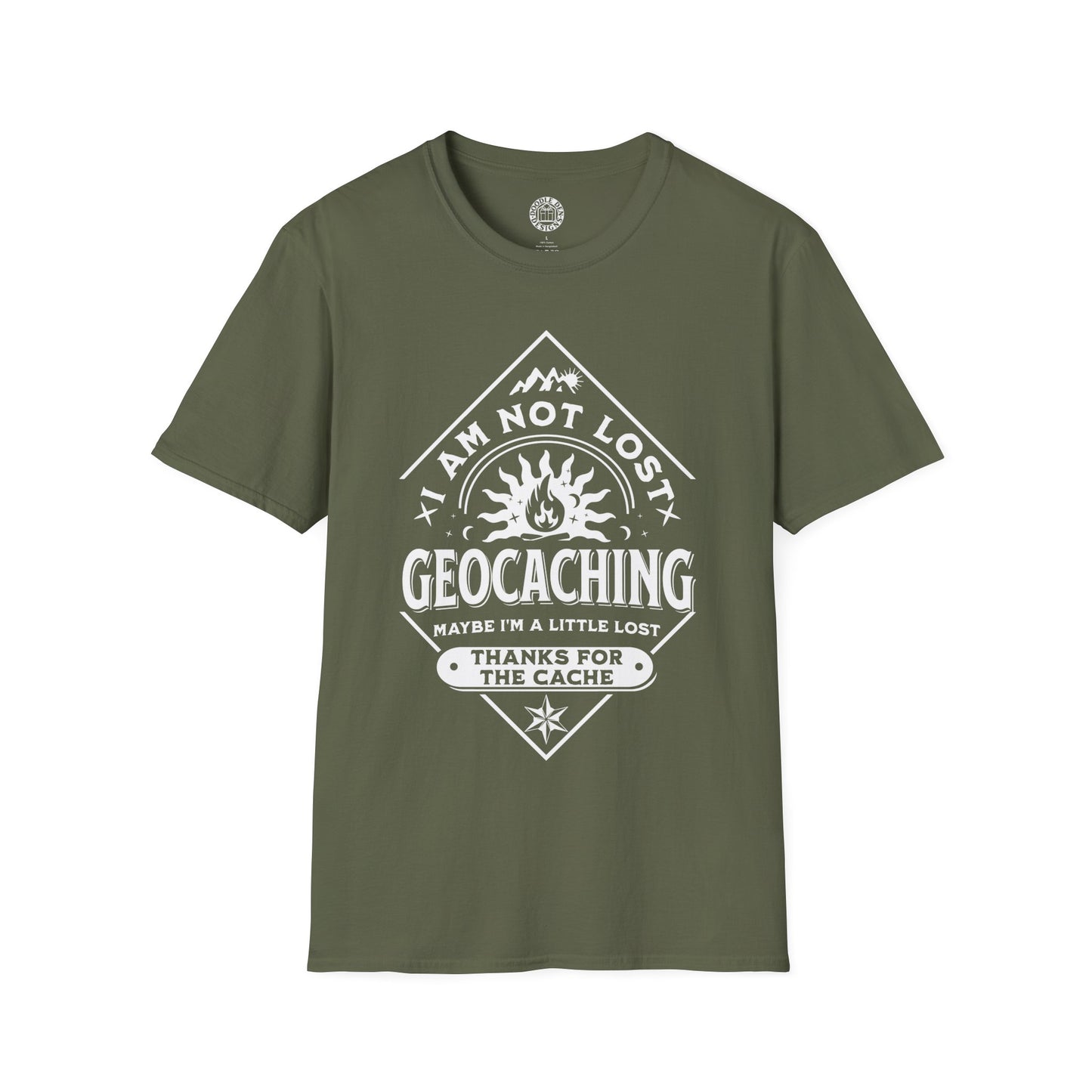 Green t-shirt with white geocaching graphic and text on a white background