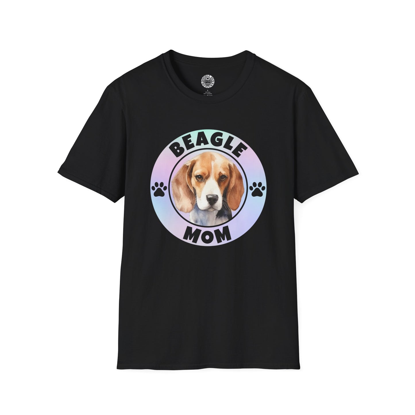Black t-shirt with a beagle graphic and 'Beagle Mom' text on a white background