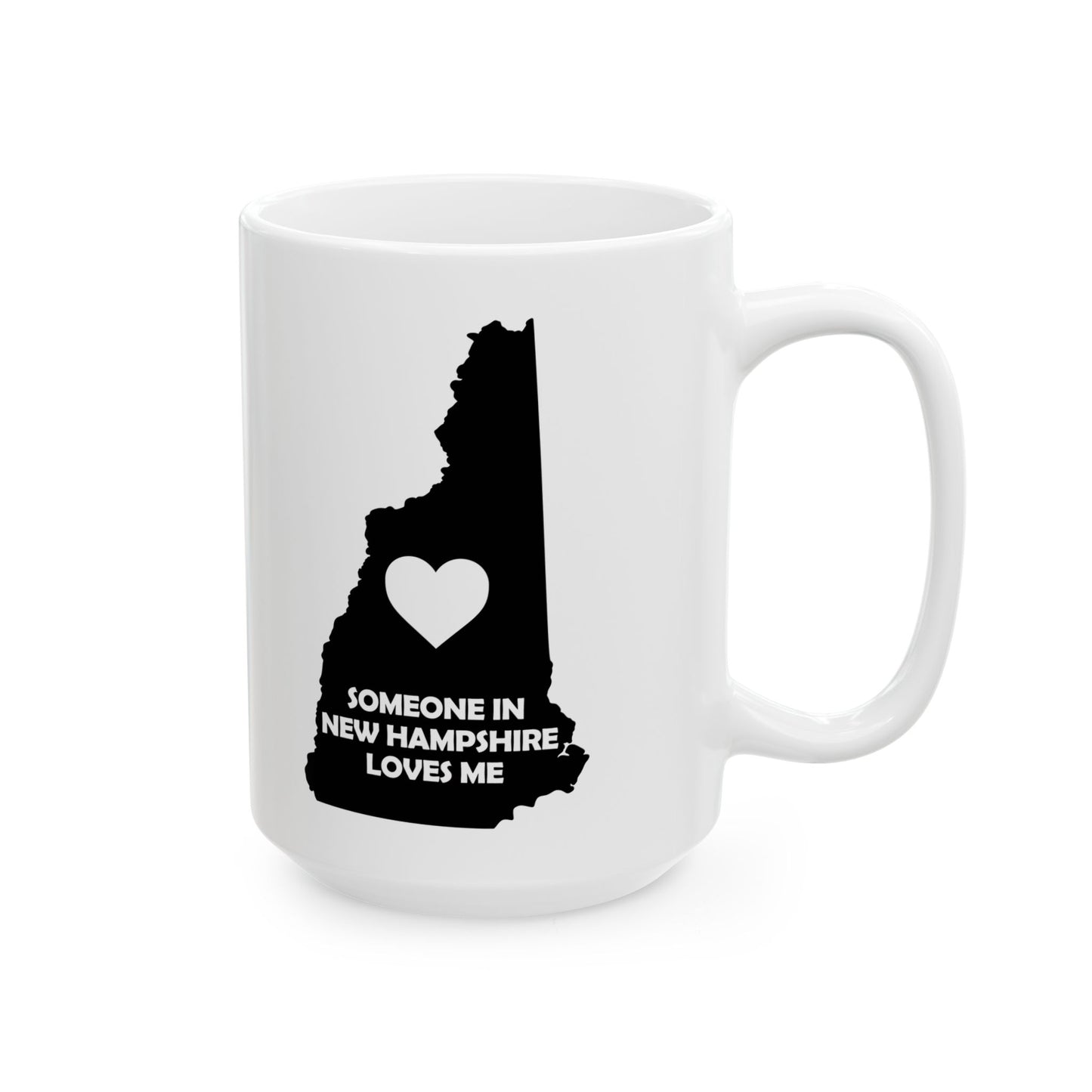 White mug with black silhouette of New Hampshire and text 'Someone in New Hampshire loves me' on a white background