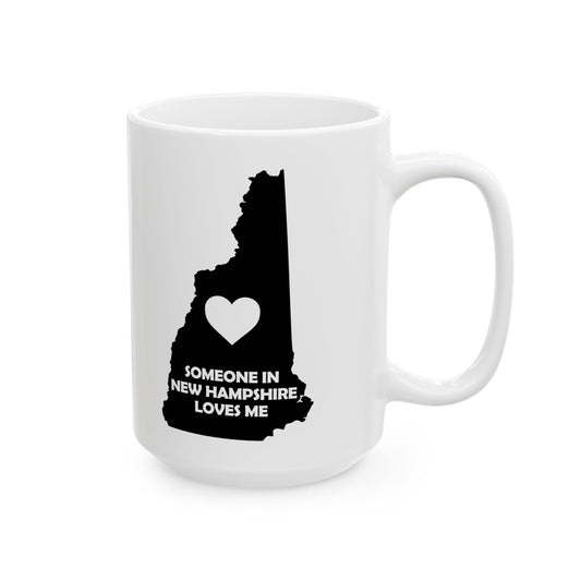 White mug with black silhouette of New Hampshire and text 'Someone in New Hampshire loves me' on a white background